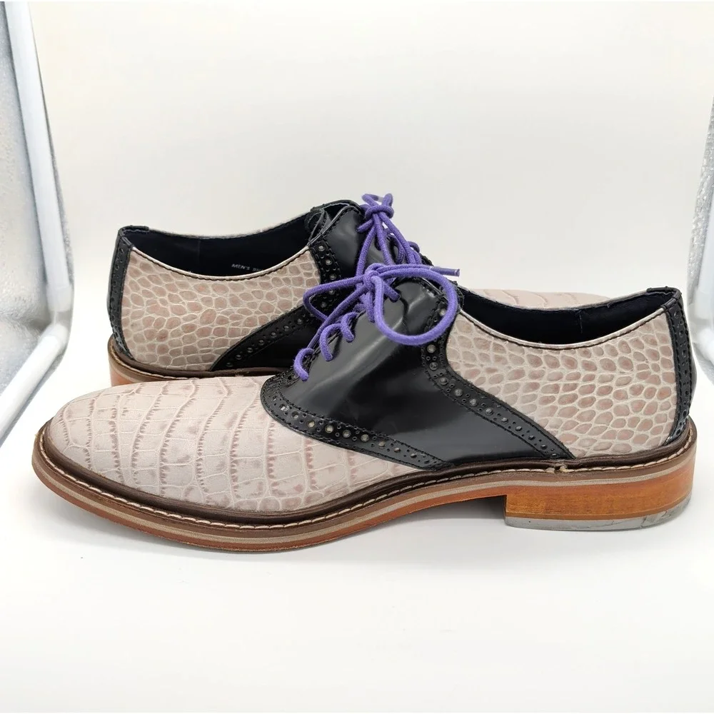 Gray Crocodile Embossed Black Cole Haan Colton Saddle Oxford Dress Shoes Sz 9.5